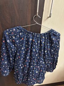 Navy Blue Floral Print Bardot Top