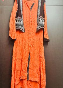 Orange Ethnic Kurta Set with Jacket