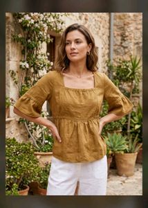 Linen Blend Square Neck Peplum Top
