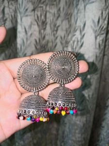 Silver Jhumka Earrings with Colorful Beads