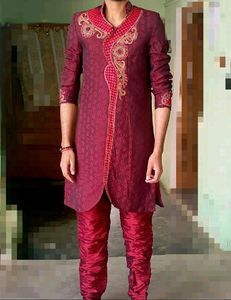 Maroon Colour Mens Sherwani with Chudidar Payjami