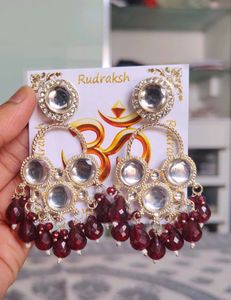 Maroon Kundan & Crystal Drop Earrings