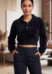 Black Cropped Fuzzy Collared Sweater