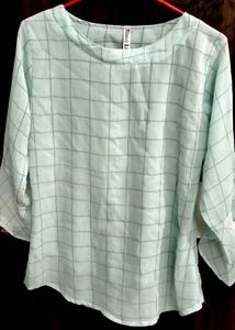 Chic Teal Checkered Bell Sleeve Top