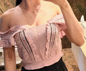 Pink Ruffled Knit Crop Top