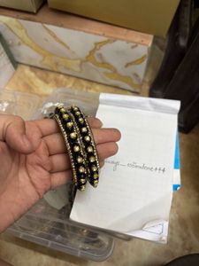 Onyx Black &amp; Gold Pearl-Bead Kada Pair