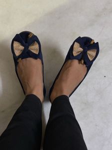 Navy Blue Ballerinas with Gold Bow