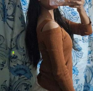 Brown Ribbed Cold Shoulder Top