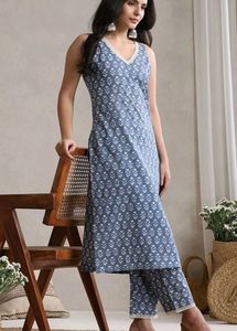 Blue Printed Kurta Set with Lace Trim