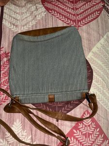 Striped &amp; Faux Leather Backpack