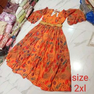 Beautiful Orange Floral Print Gown wth belt