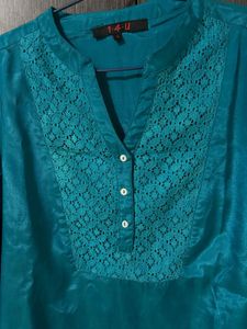 Teal Blue Embroidered Kurti for Women