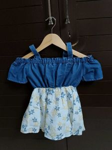 Chocolate Baby Denim Floral off Shoulder Dress