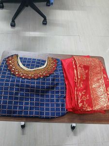 Elegant Blue Kurta with Golden Grid