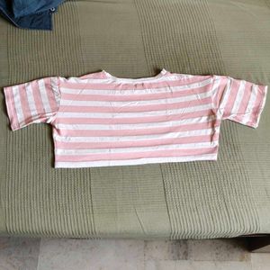 Pink &amp; White Striped Cropped T-Shirt