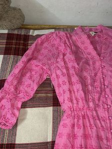 Vibrant Pink Printed Button-Up Midi Dress