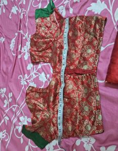 Red Brocade Blouse with Green Accents