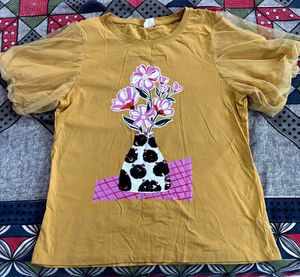 Mustard Yellow T-Shirt with Floral Vase