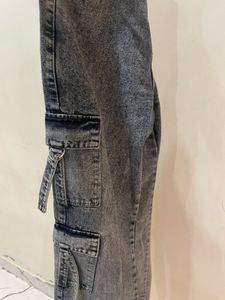 Women's Grey Acid Wash Cargo Jeans