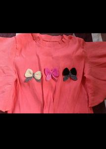 Coral Bow Detail Flutter Sleeve Top