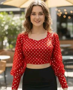 Red Crop Blouse with Golden Print