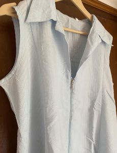 Light Blue Striped Sleeveless Zip-Up Top