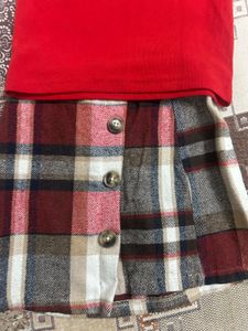 Red Cold Shoulder Top &amp; Plaid Skirt Set