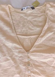 Cream Textured Button-Up Baggy Crop Top