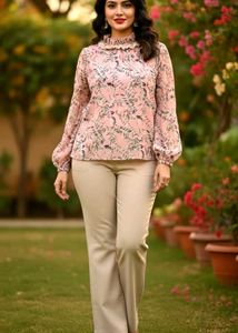 Floral Print Ruffle Neck Blouse