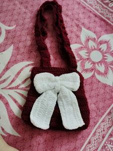 Handmade Crocheted Maroon Bag with White Bow