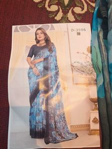 Beautiful Blue Fancy Saree with Floral Print