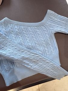 Light Blue Cable Knit Sweater off shoulder