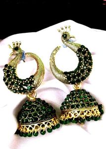 Peacock Design Jhumkas Within Green Colour..