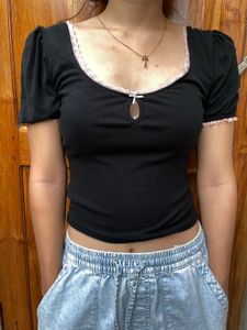 Cute Black Puff Sleeve Lace Trim Top
