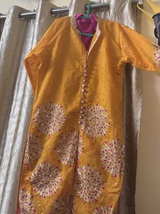 Elegant Yellow Kurta with Pink Accents