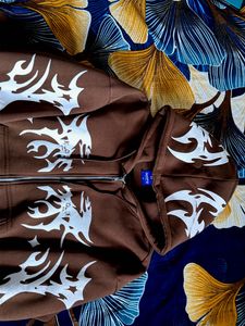 Brown Zip-Up Hoodie with Tribal Print