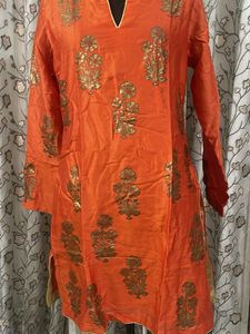 Vibrant Orange Kurta with Gold Print