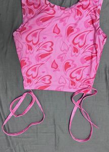 Pink Heart Pattern Tie Up Top