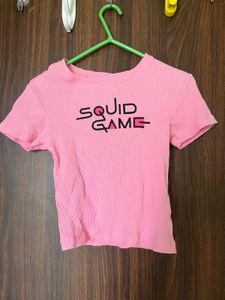 Pink Ribbed “Squid Game” Graphic Crop Top