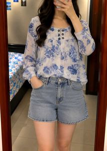Sheer Floral Print Top with Button Detail