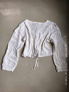 White Broderie Anglaise Tie-Front Blouse