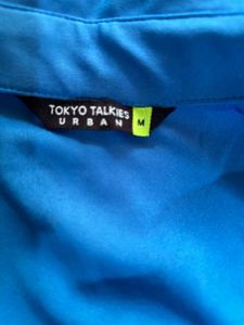 Blue Ruched Button-Up Shirt