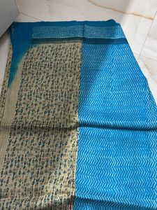 Blue cotton graphic design saree