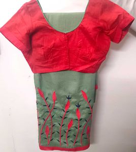Elegant Green &amp; Red Embroidered Saree