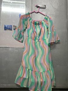 Pastel Wavy Print Off-Shoulder Dress
