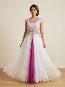 Elegant White & Pink Embroidered Gown