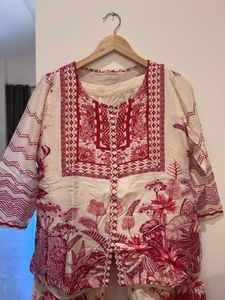 Cream &amp; Red Floral Co-ord set - SAUNDH