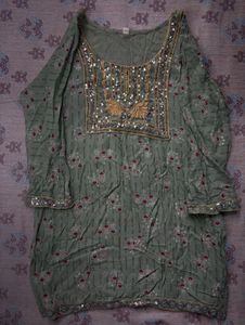 Olive Green Embroidered Short Kurti