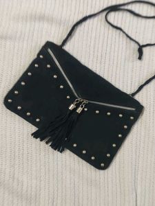 Black Studded Clutch Bag with Tassels
