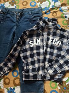 Blue Denim Capris &amp; Plaid Shirt Set combo